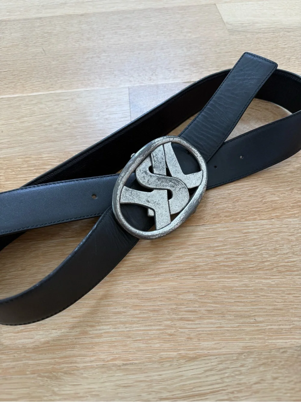 Authentic YSL Men's Vintage Black Leather Belt with Silver Logo Buckle